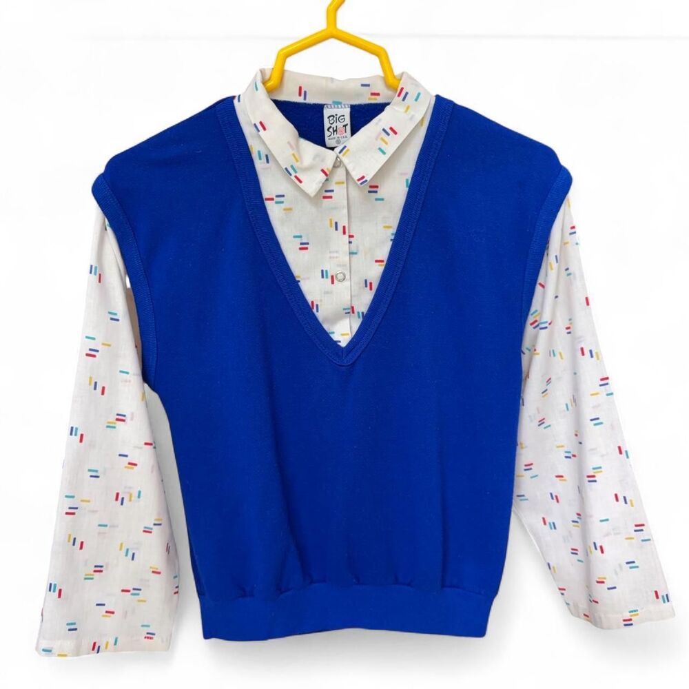 Vintage 80s Big Shot Royal Blue Faux Layered Sweater Vest Top size S